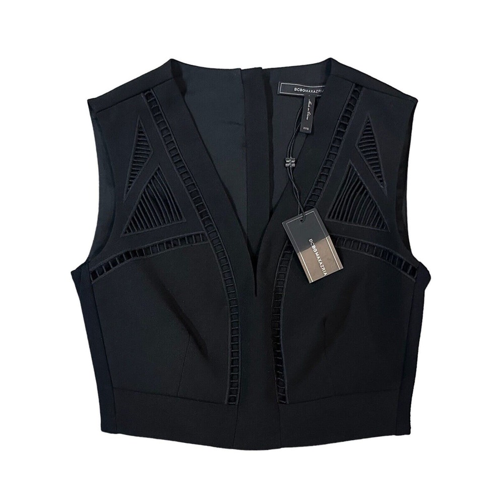 NWT BCBG MAXAZRIA Black Deep V-Neck Tank Crop Mesh Cutouts Womens Size XXS $198 - Picture 2 of 13